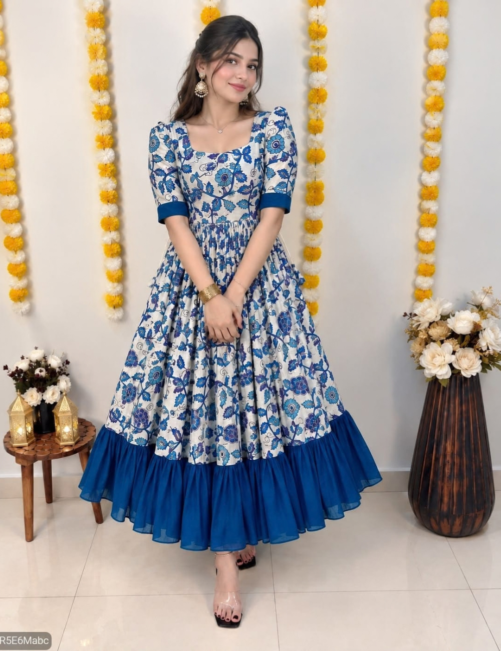 Traditional Kalamkari Vichithra Silk Frock with Contrast Ruffle Border