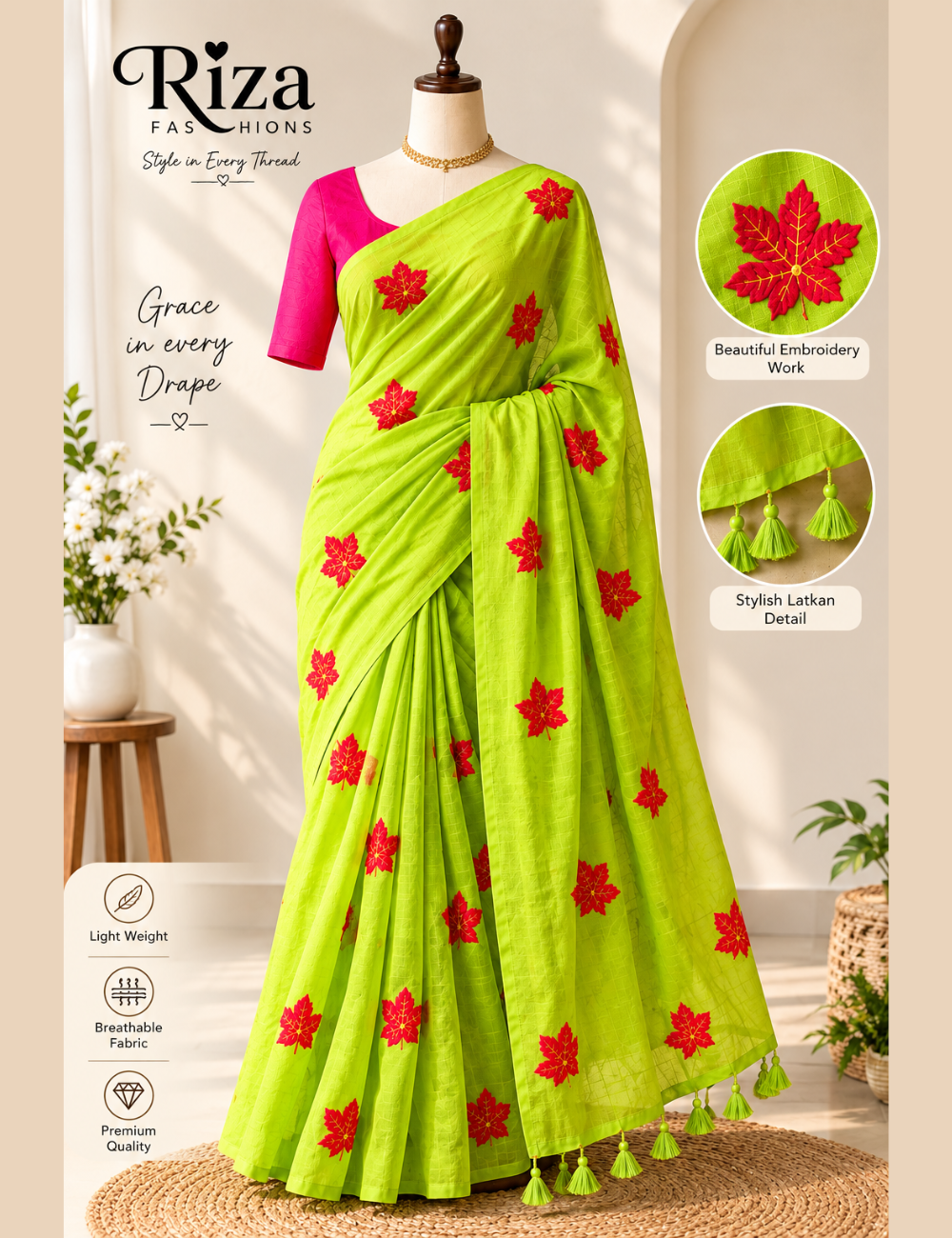 Lime Green Mul Cotton Saree with Red Leaf Embroidery & Latkan Detail