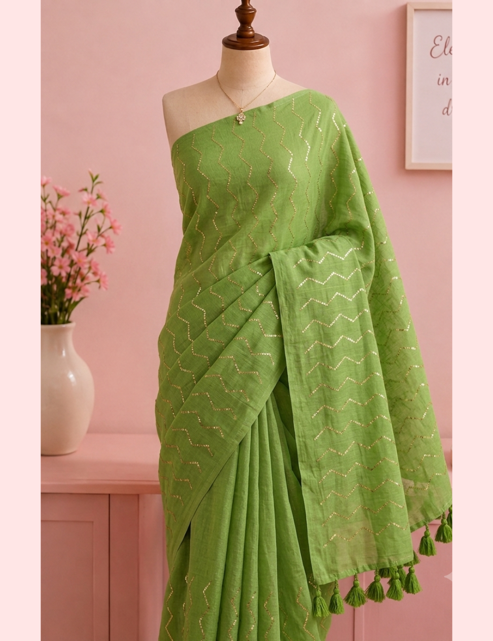Green Soft 120 Count Mul Cotton Saree with Festive Sequin Chevrons