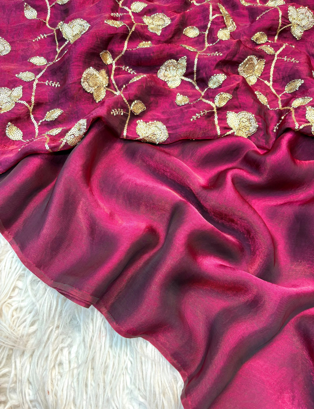 Premium Two-Tone Fancy Fabric Saree with Heavy Beads Work Blouse