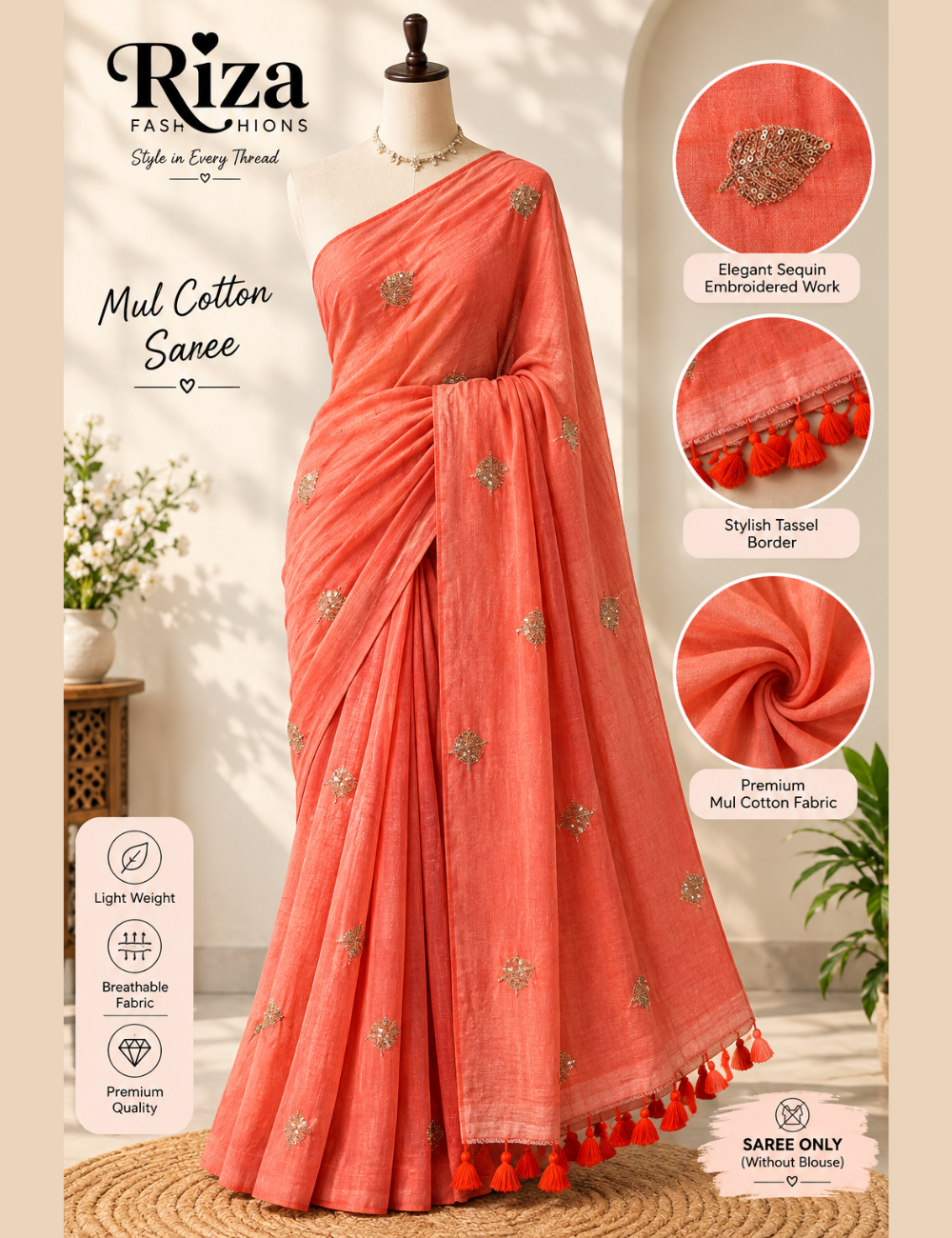 Peach-Orange 120 Count Soft Mul Cotton Saree with Festive Embroidered Motifs (5.8m)