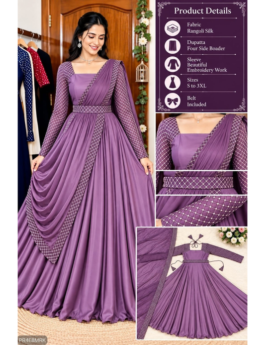 Megha Rangoli Silk Anarkali Gown Suit with Pre-Draped Dupatta & Belt