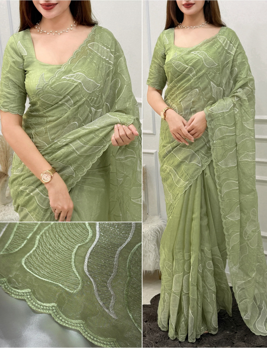 Premium Turkish Organza Style Chanda Silk Saree with Thread & Sequins Embroidery