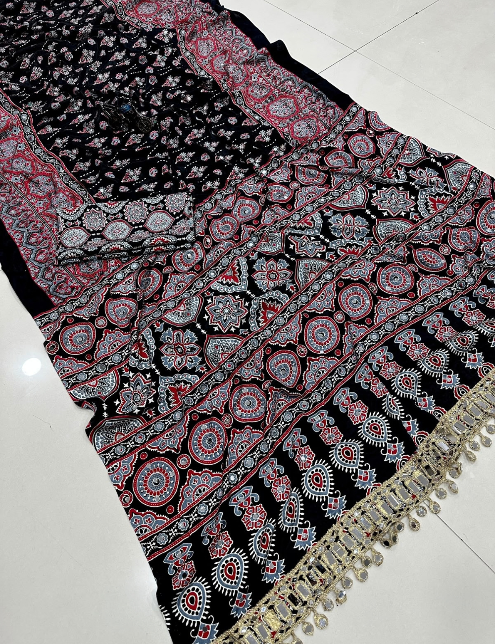 Premium Pure Ajrakh Satin Viscose Silk Saree with Real Mirror Work
