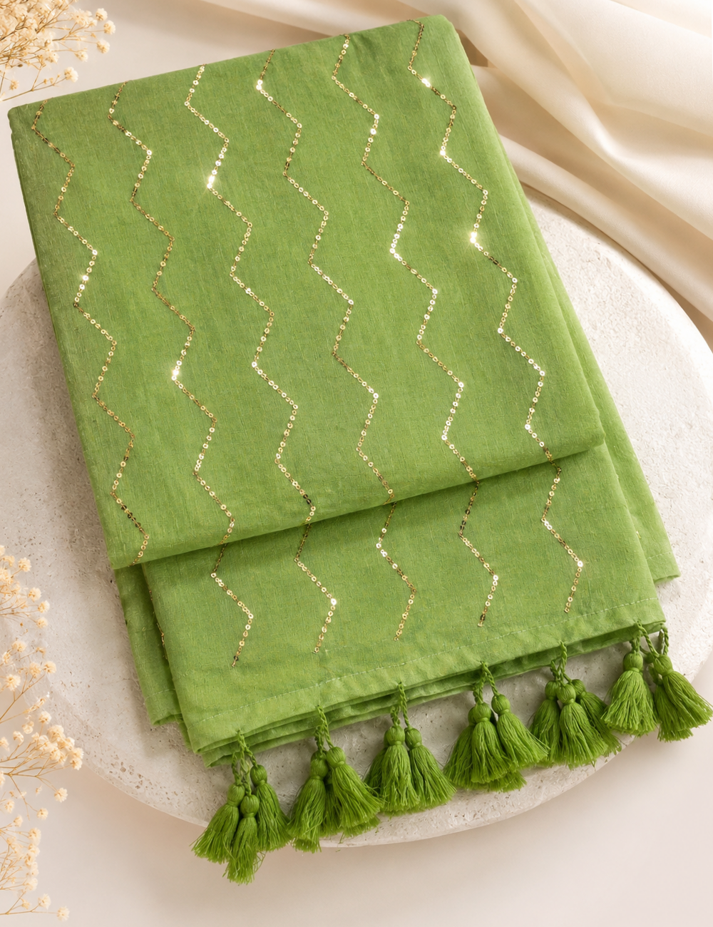 Green 120-Count Pure Mul Cotton Saree with Gold Sequin Pattern & Tassels