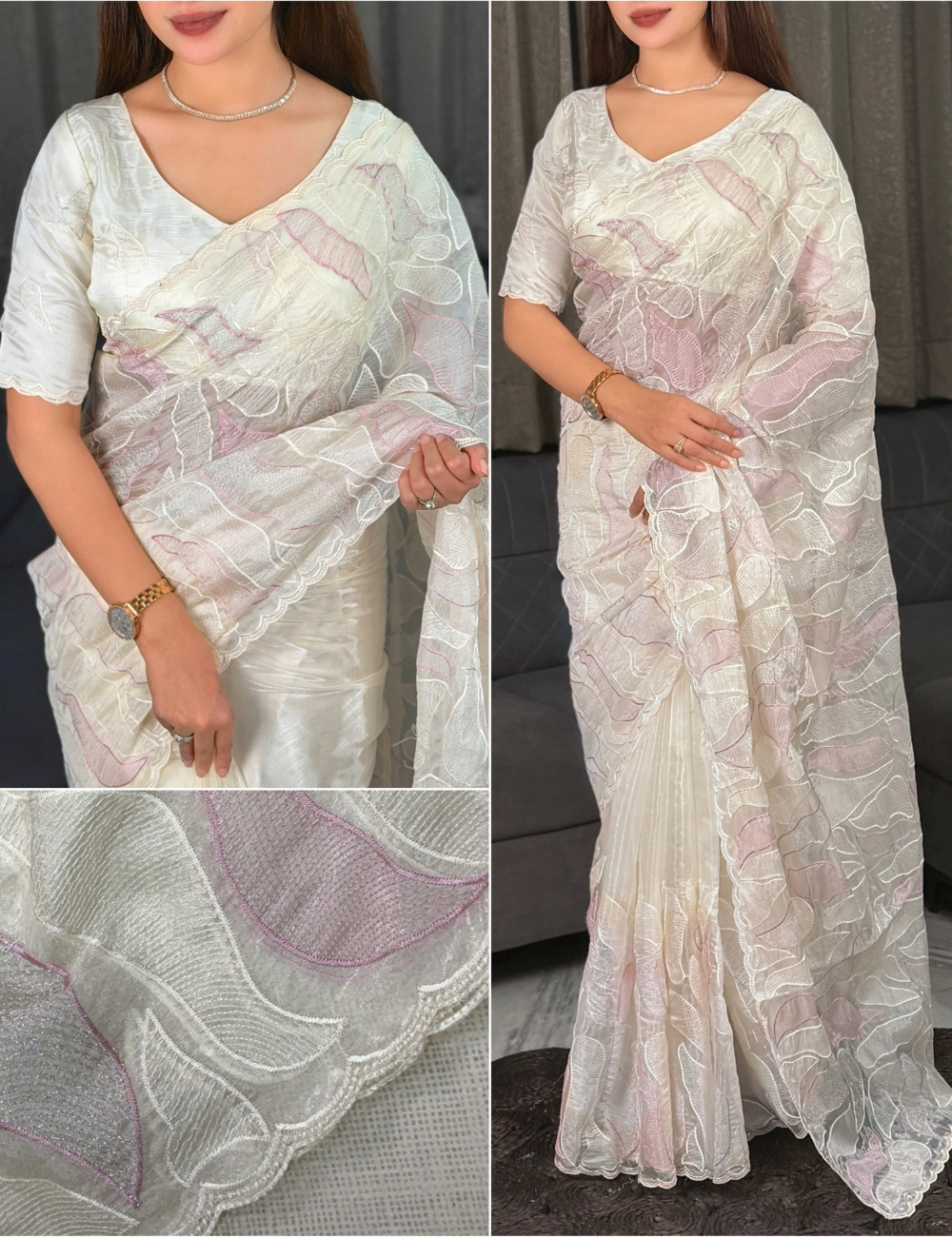 Premium Turkish Organza Style Chanda Silk Saree with Thread & Sequins Embroidery
