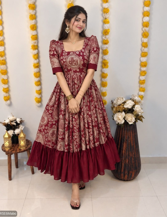 Traditional Kalamkari Vichithra Silk Frock with Contrast Ruffle Border