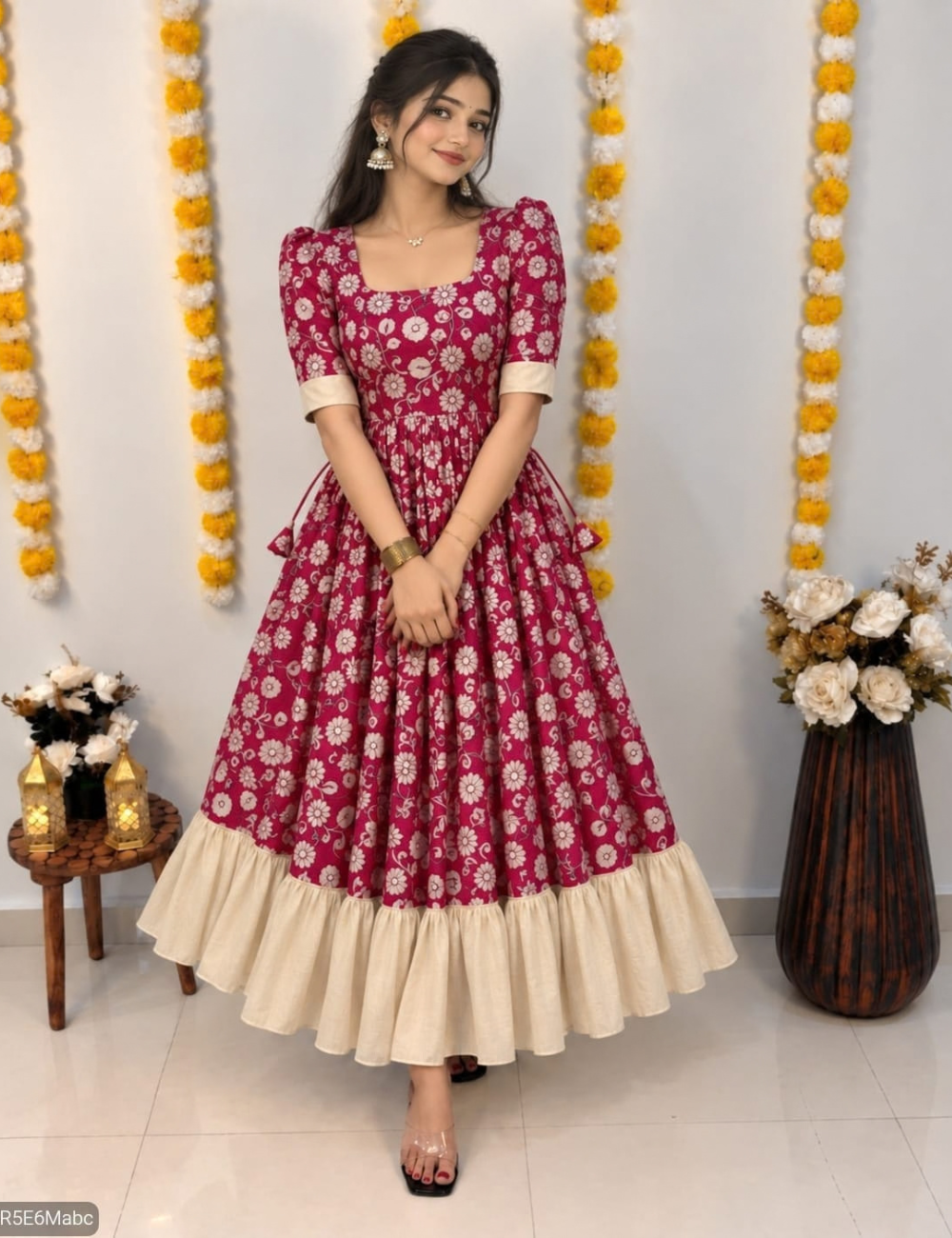 Traditional Kalamkari Vichithra Silk Frock with Contrast Ruffle Border