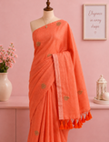 Peach Orange 120-Count Pure Mul Cotton Saree with Gold Leaf Embroidery & Tassels