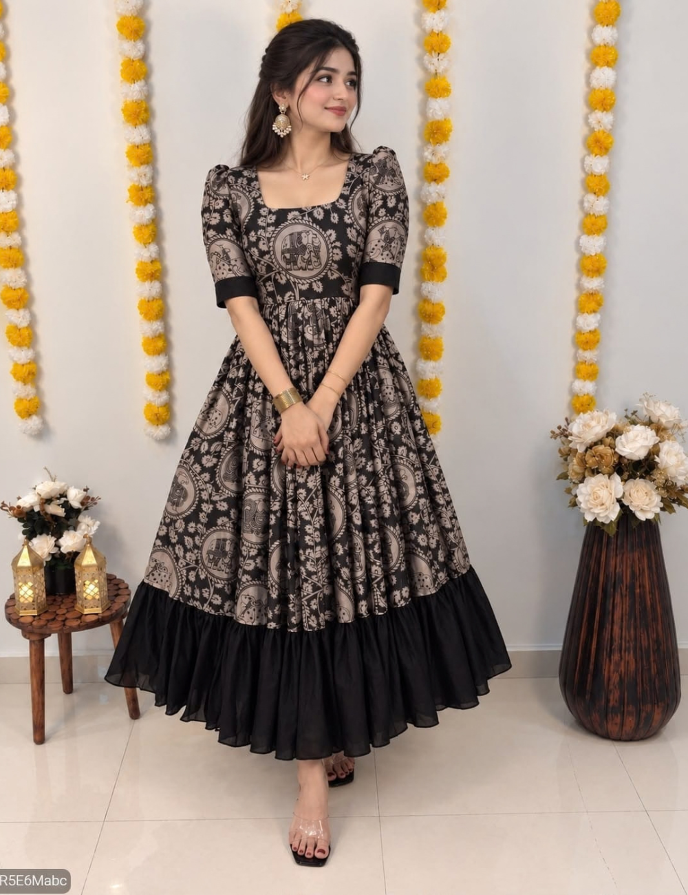 Traditional Kalamkari Vichithra Silk Frock with Contrast Ruffle Border