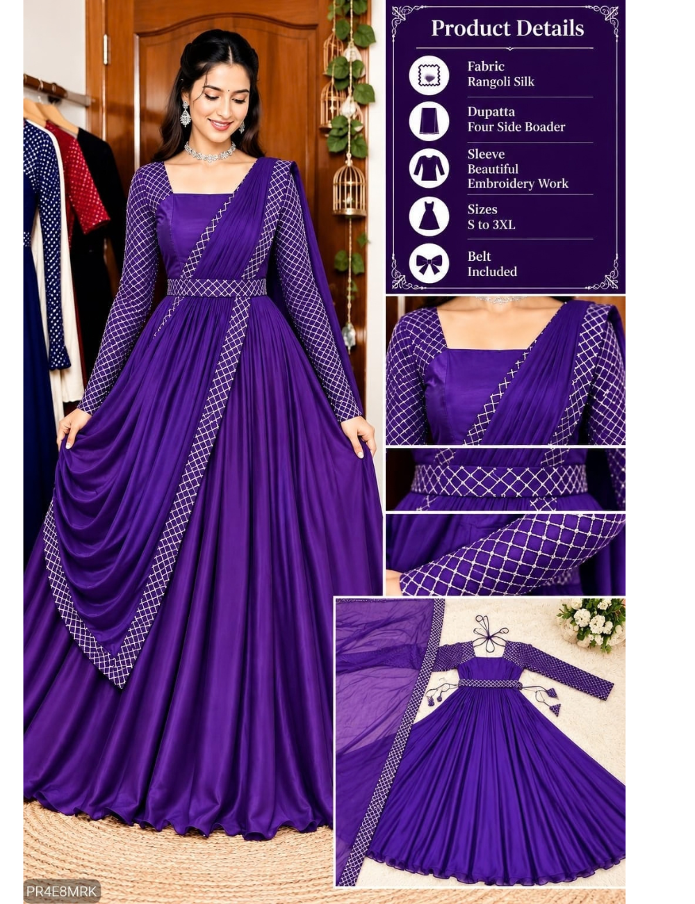Megha Rangoli Silk Anarkali Gown Suit with Pre-Draped Dupatta & Belt