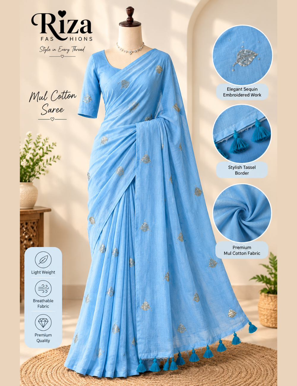 Riza Fashions Sky Blue Mul Cotton Saree with Elegant Sequin Embroidery & Tassel Border