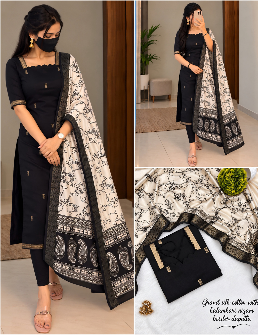 Premium Mangalagiri Butta Silk Cotton Kurti Set with Chennuri Silk Kalamkari Dupatta