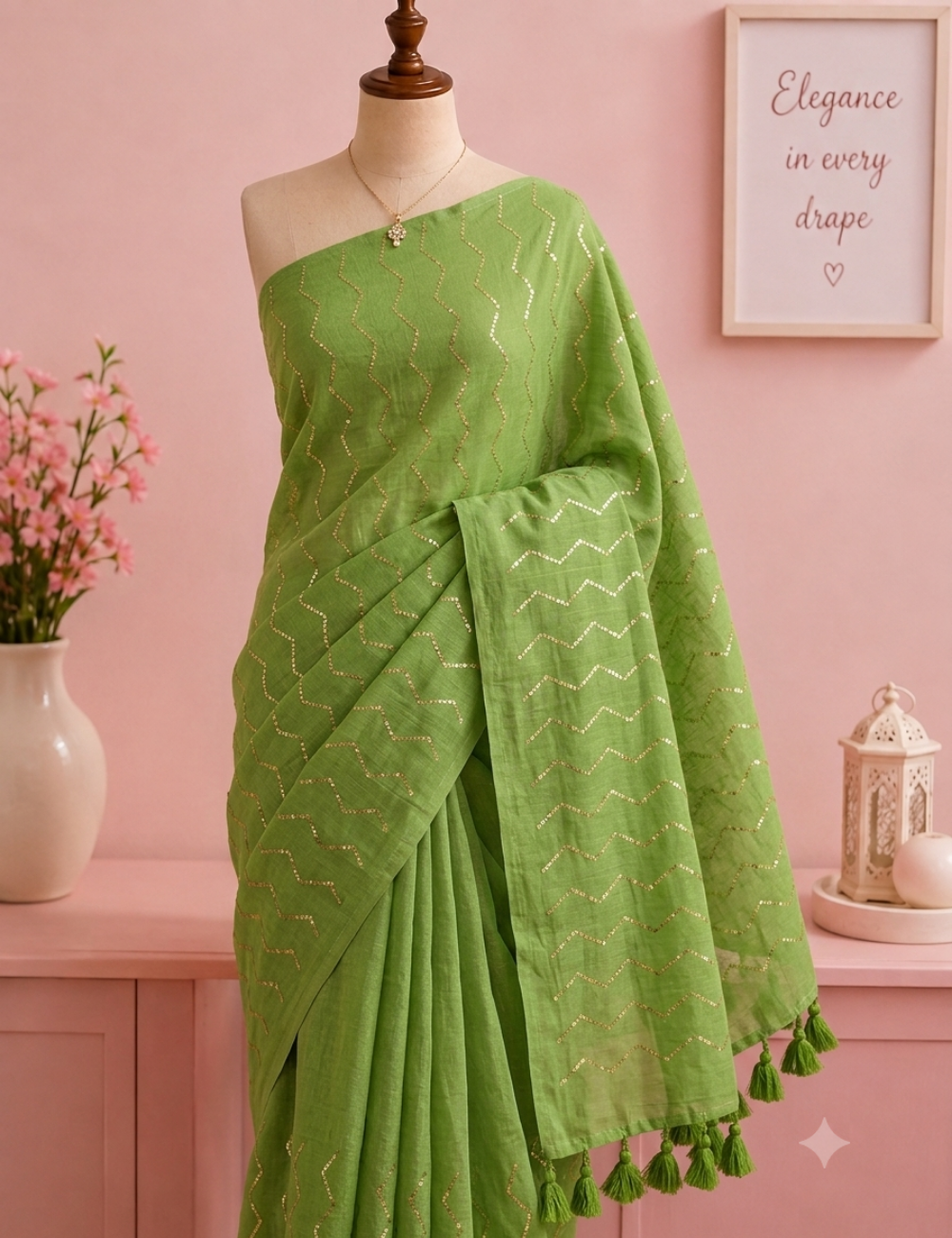 Green 120-Count Pure Mul Cotton Saree with Gold Sequin Pattern & Tassels