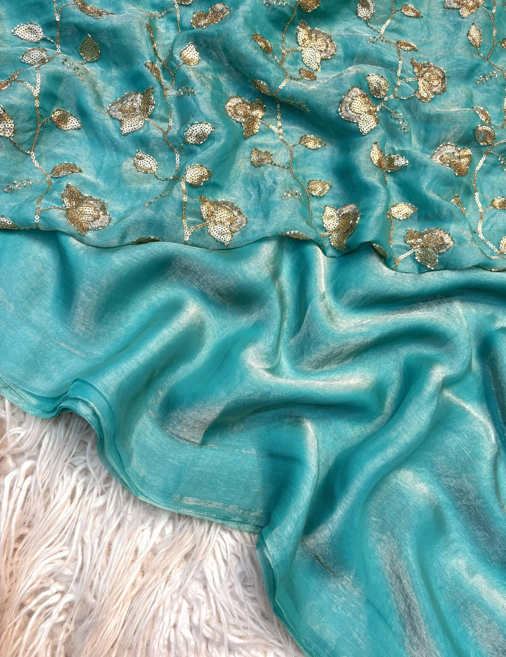 Premium Two-Tone Fancy Fabric Saree with Heavy Beads Work Blouse