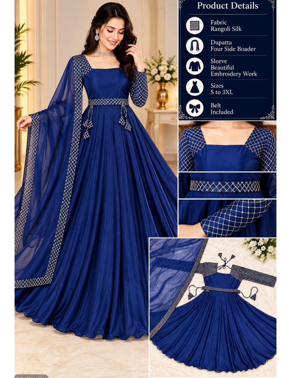 Megha Rangoli Silk Anarkali Gown Suit with Pre-Draped Dupatta & Belt