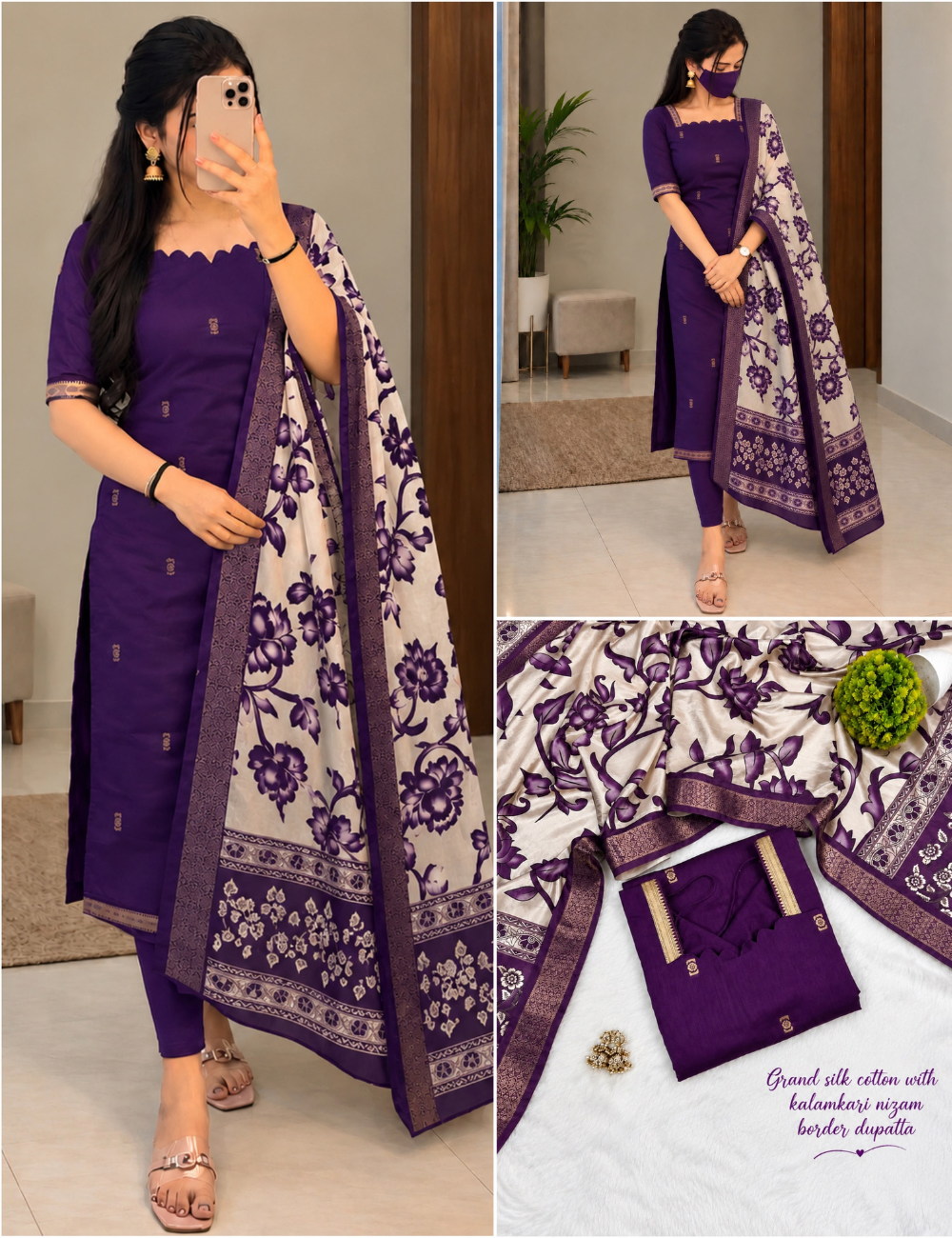 Premium Mangalagiri Butta Silk Cotton Kurti Set with Chennuri Silk Kalamkari Dupatta