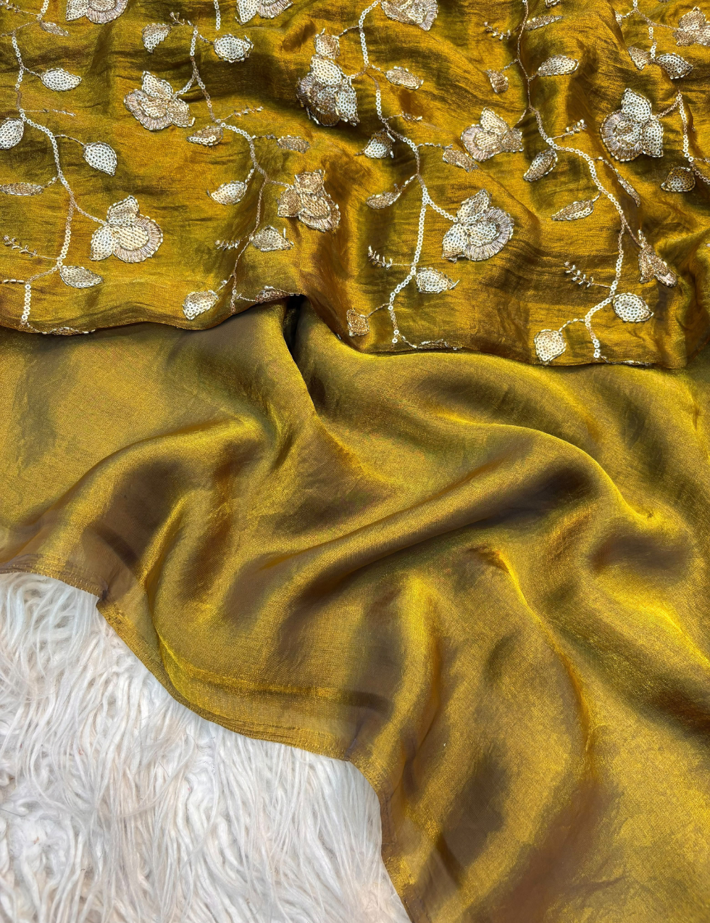 Premium Two-Tone Fancy Fabric Saree with Heavy Beads Work Blouse