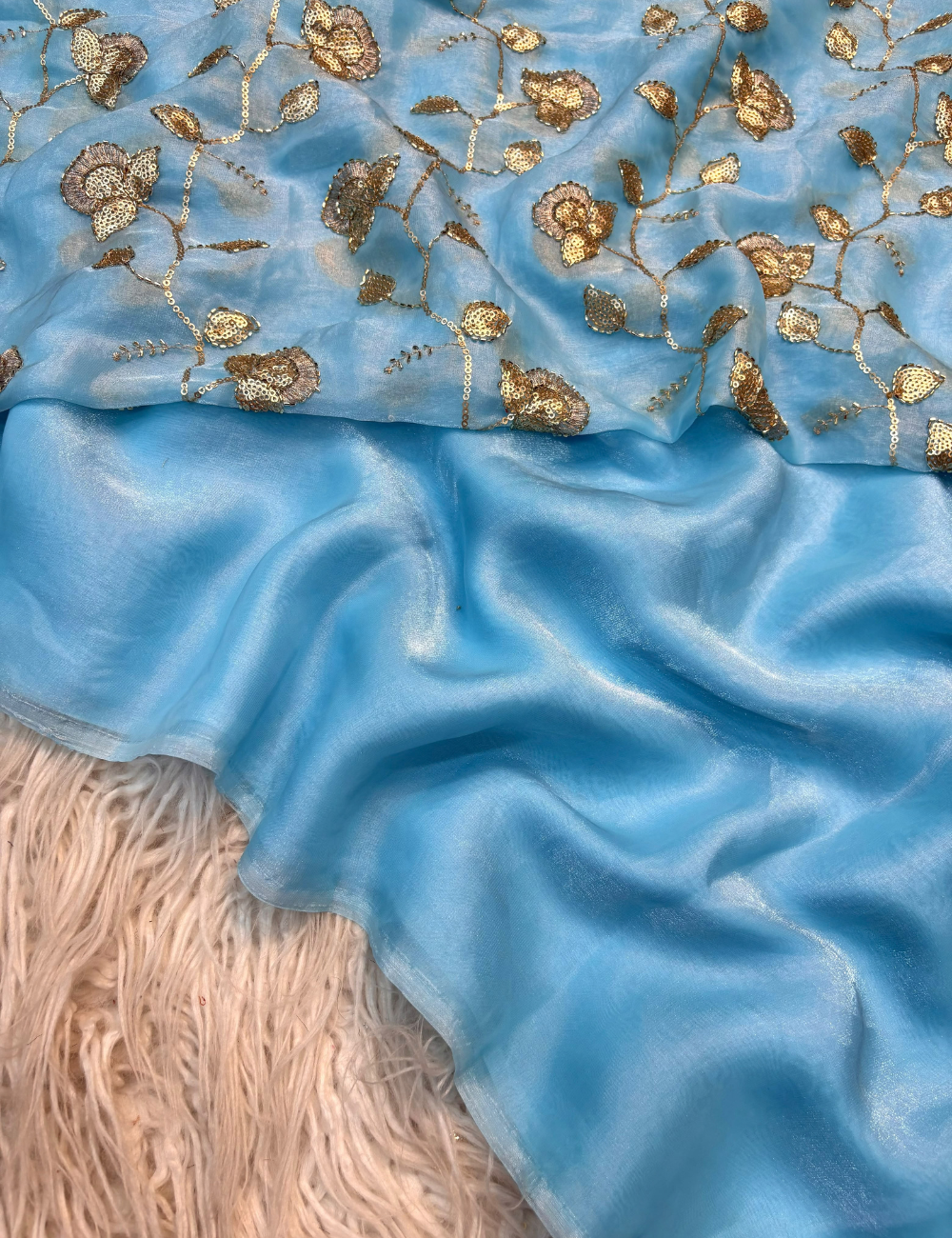 Premium Two-Tone Fancy Fabric Saree with Heavy Beads Work Blouse