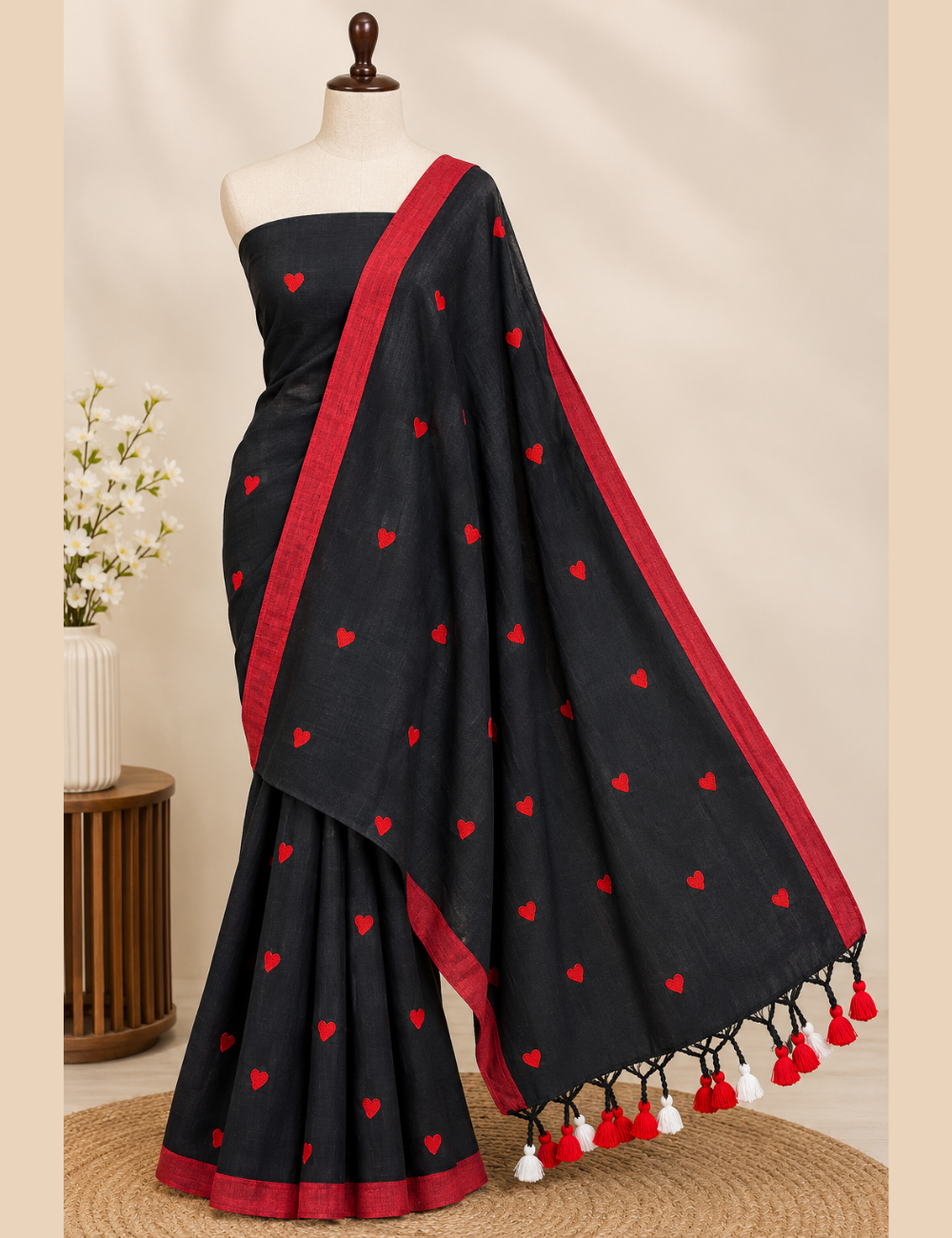 Classic Black Khadi Cotton Saree with Red Heart Embroidery & Dual-Tone Tassels