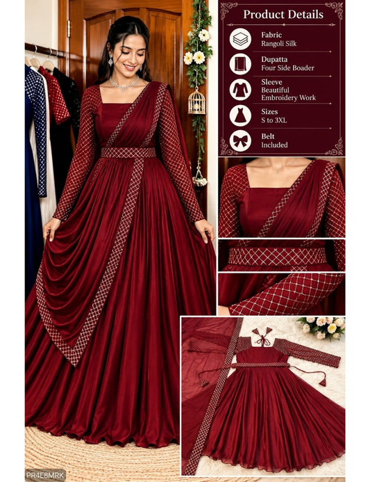 Megha Rangoli Silk Anarkali Gown Suit with Pre-Draped Dupatta & Belt