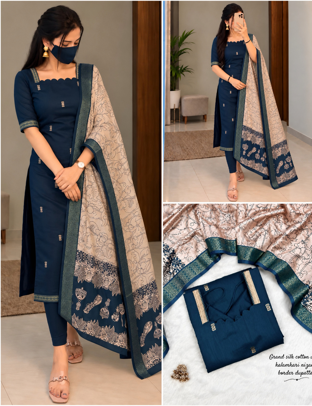 Premium Mangalagiri Butta Silk Cotton Kurti Set with Chennuri Silk Kalamkari Dupatta