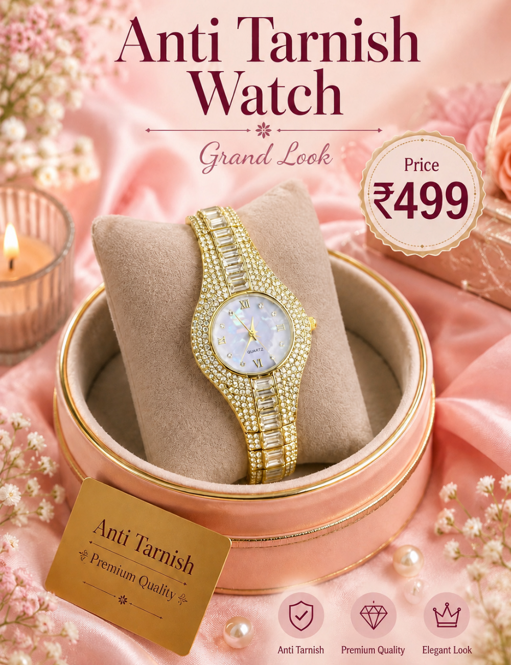 Anti-Tarnish Gold Crystal Studded Watch with Mother-of-Pearl Style Dial