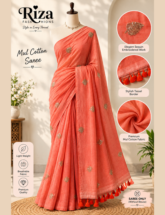 Peach-Orange 120 Count Soft Mul Cotton Saree with Festive Embroidered Motifs (5.8m)