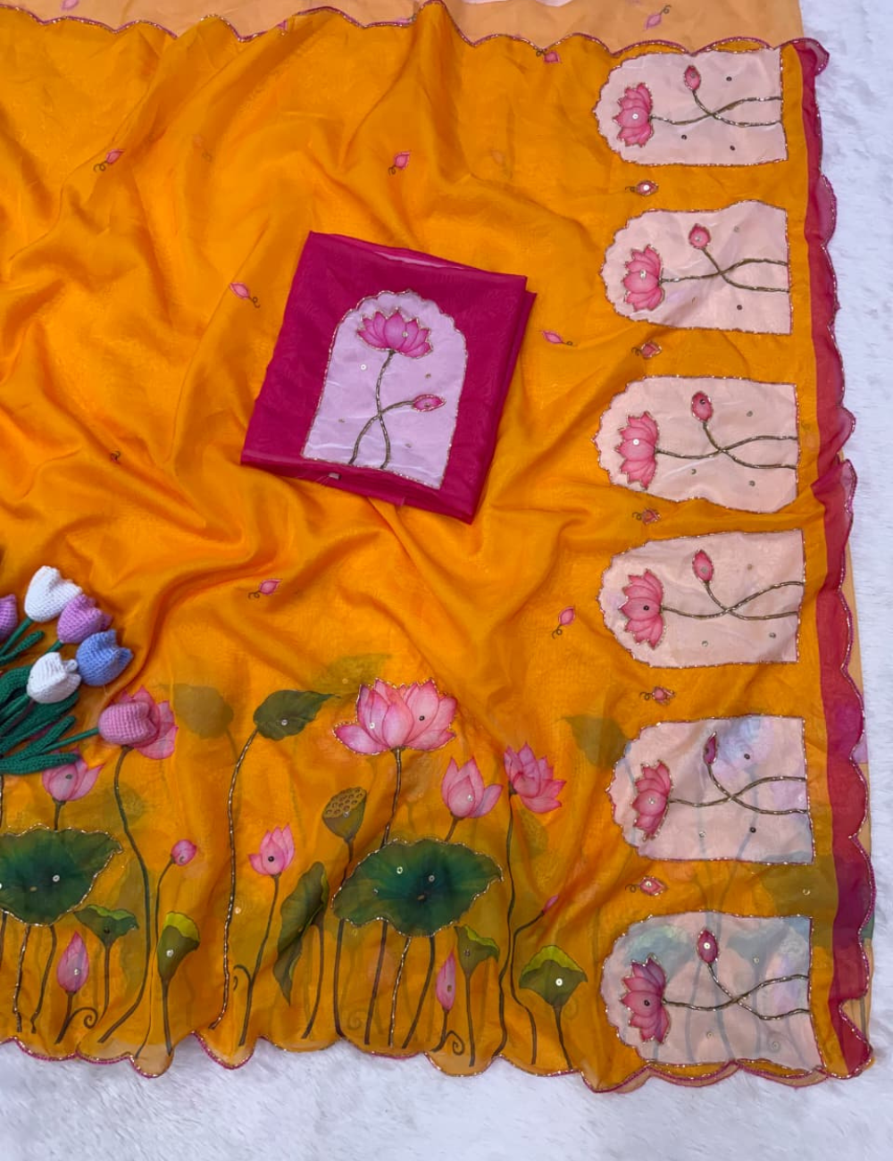 Premium Tabby Silk Floral Print Saree with Elegant Katdana Handwork