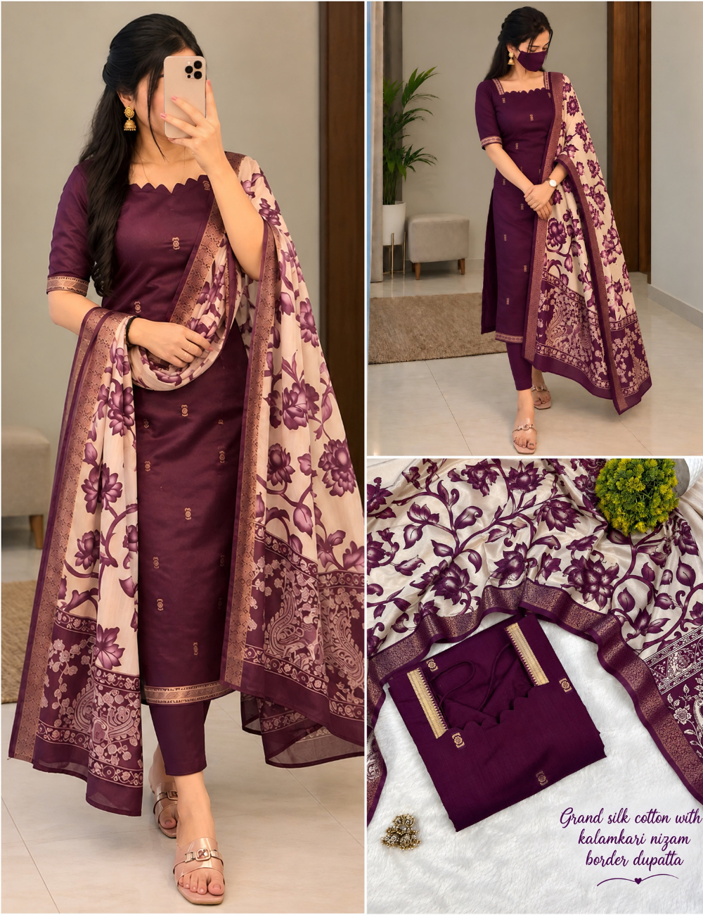 Premium Mangalagiri Butta Silk Cotton Kurti Set with Chennuri Silk Kalamkari Dupatta