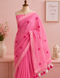 Blush Pink 120-Count Pure Mul Cotton Saree with Heart Embroidery & Tassels