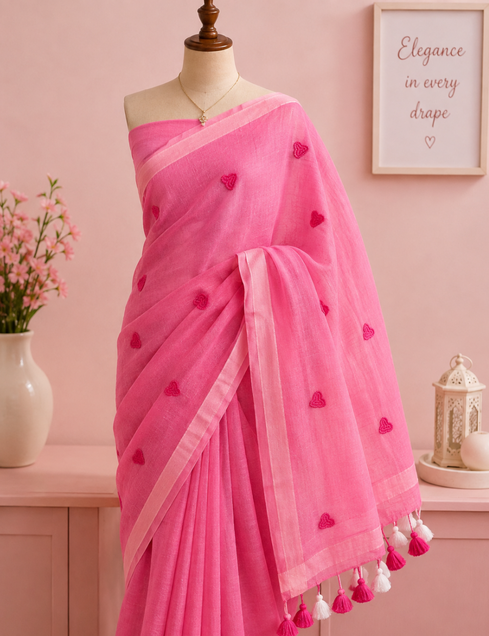 Blush Pink 120-Count Pure Mul Cotton Saree with Heart Embroidery & Tassels