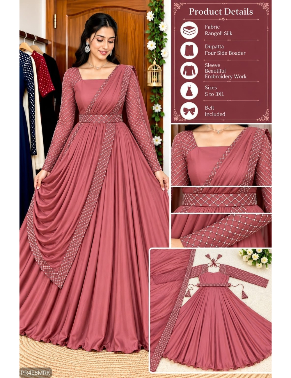 Megha Rangoli Silk Anarkali Gown Suit with Pre-Draped Dupatta & Belt