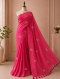 Hot Pink 120-Count Pure Mul Cotton Saree with Gold Leaf Embroidery & Tassels