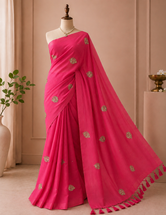 Pink 120 Count Soft Mul Cotton Saree with Festive Gota Patti Leaf Motifs (5.8m)