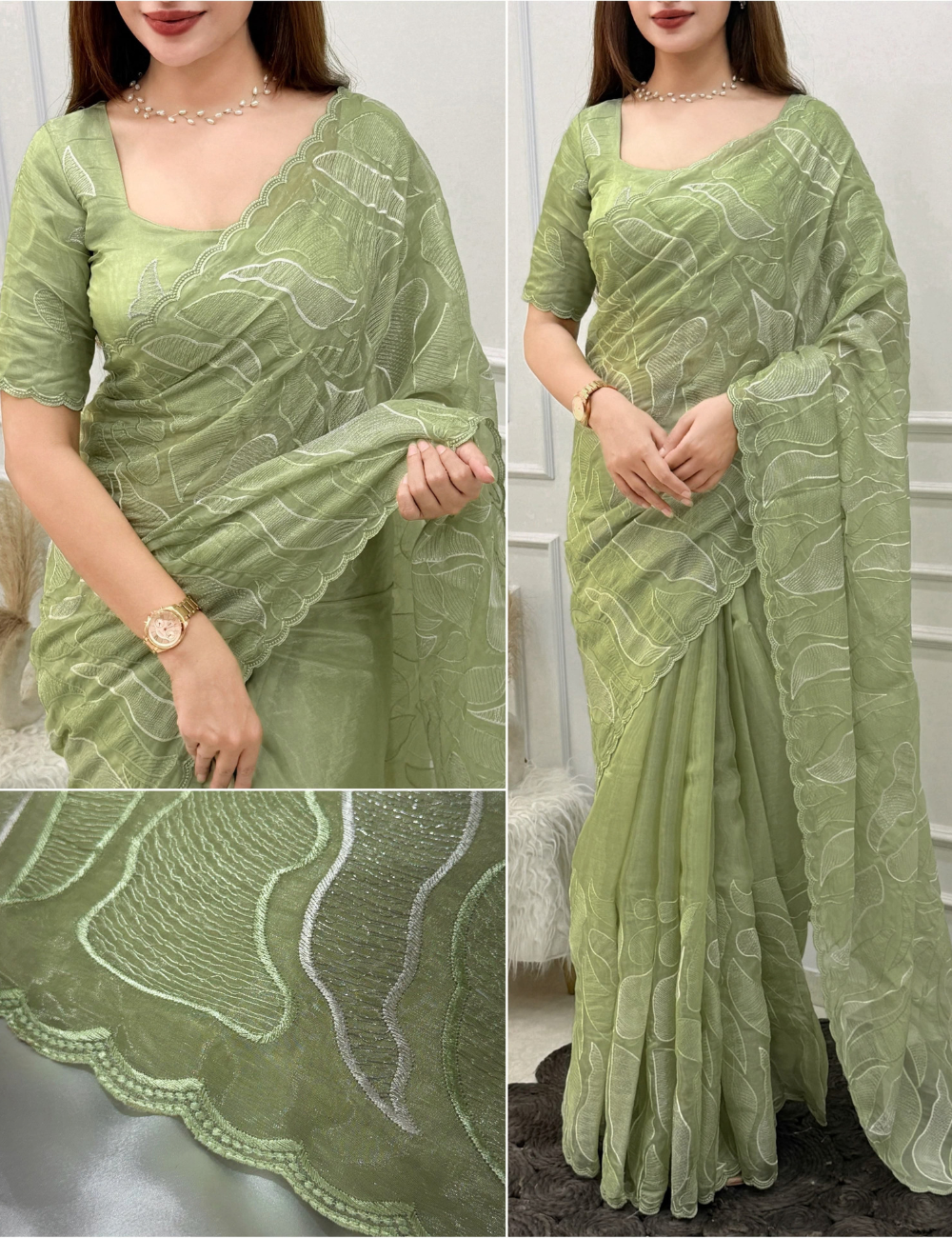 Premium Turkish Organza Style Chanda Silk Saree with Thread & Sequins Embroidery