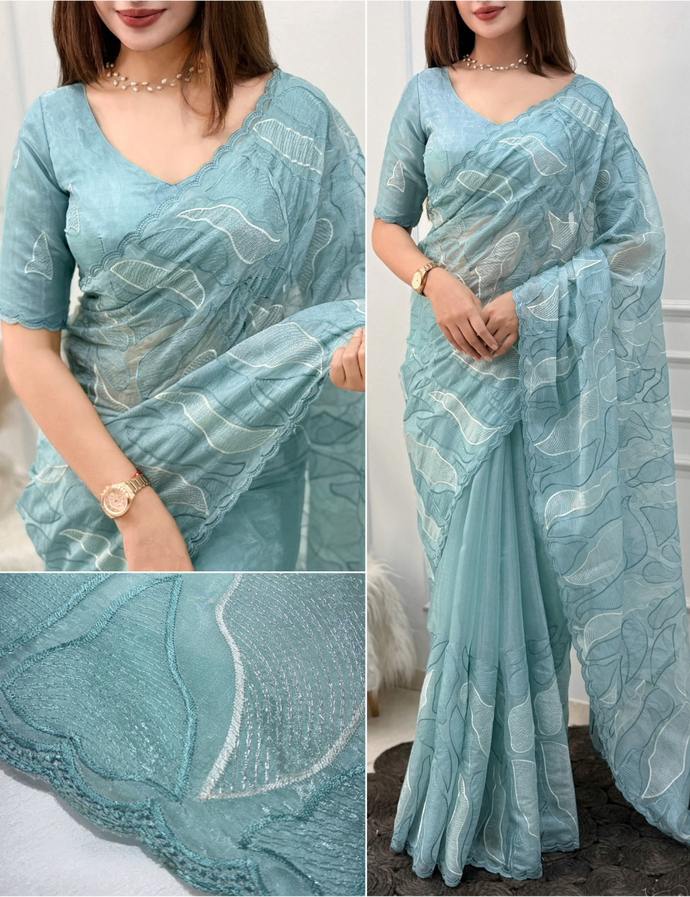 Premium Turkish Organza Style Chanda Silk Saree with Thread & Sequins Embroidery