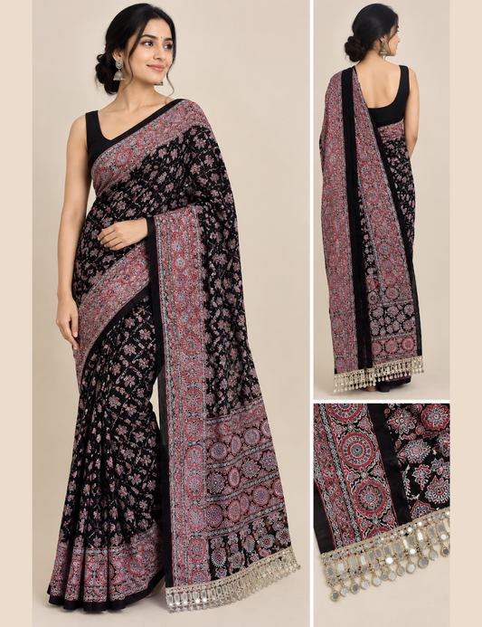 Premium Pure Ajrakh Satin Viscose Silk Saree with Real Mirror Work