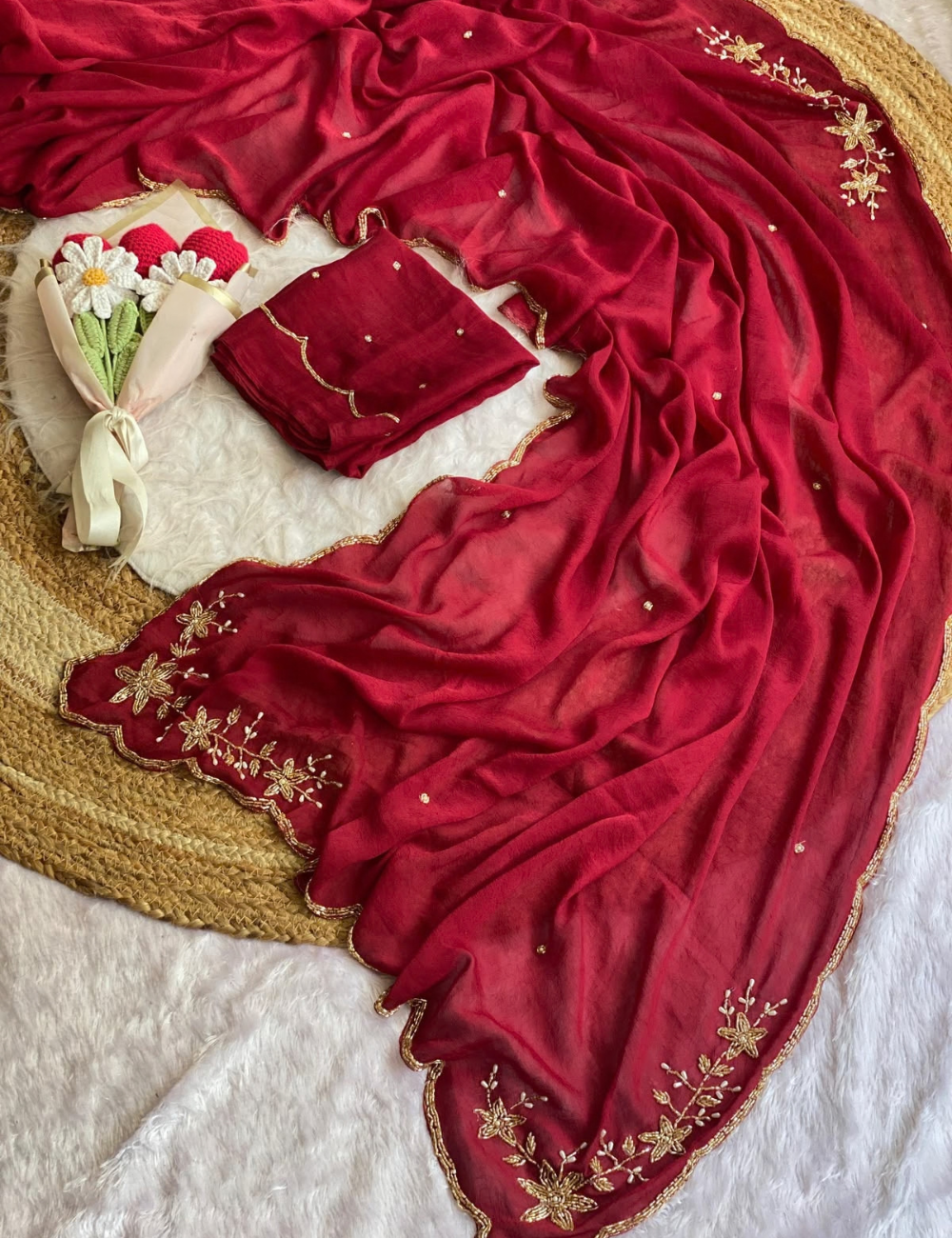 Premium Soft Crush Silk Saree with Handwork Pearls & Concept Border