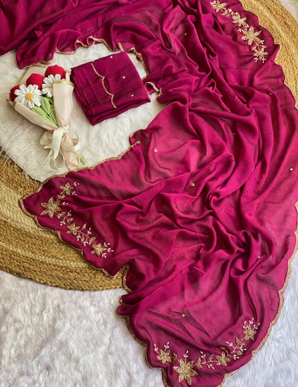 Premium Soft Crush Silk Saree with Handwork Pearls & Concept Border