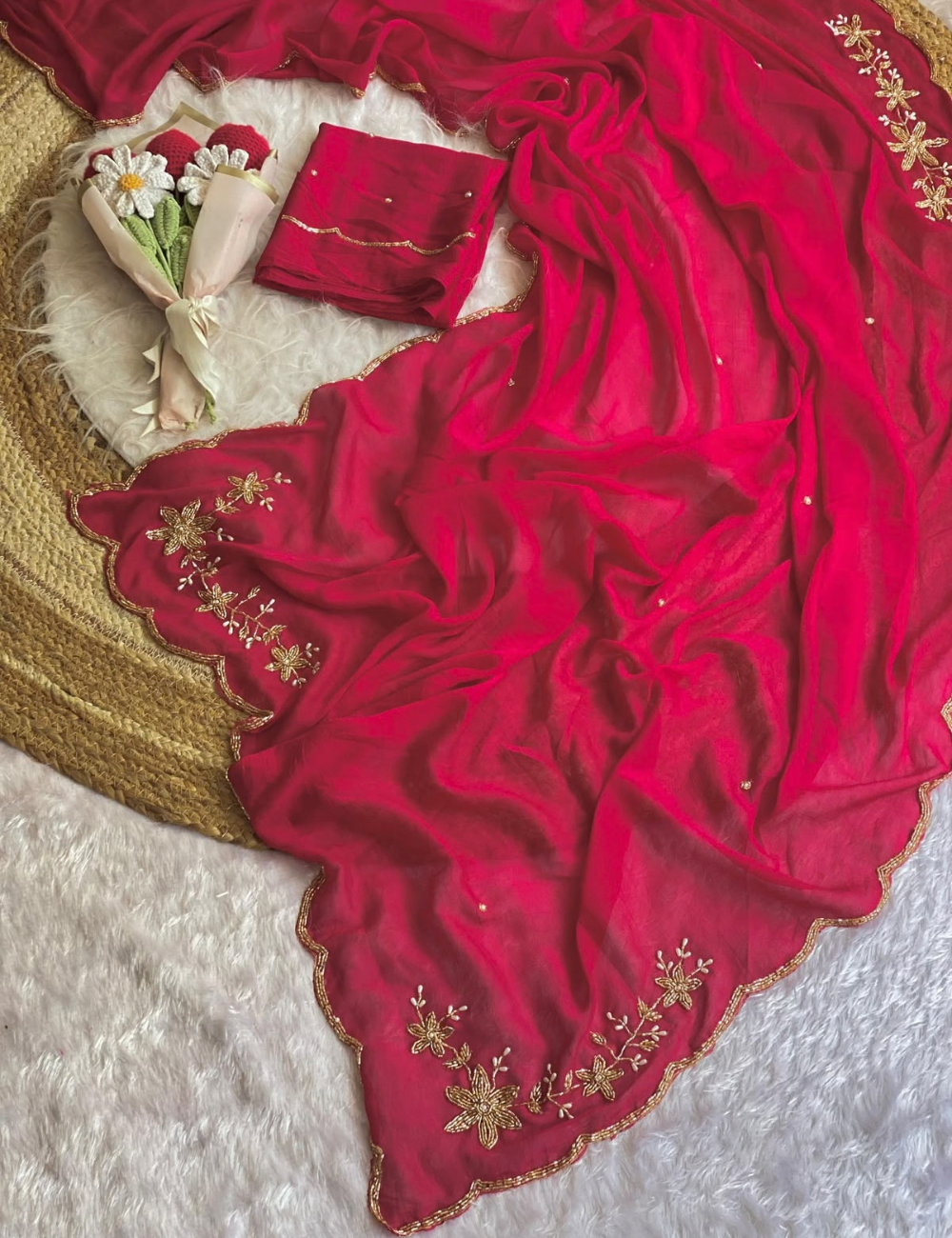 Premium Soft Crush Silk Saree with Handwork Pearls & Concept Border