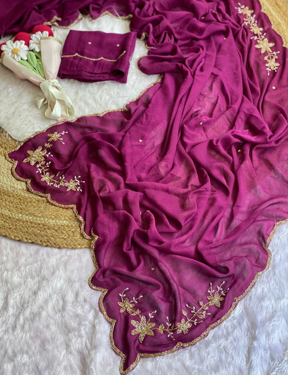 Premium Soft Crush Silk Saree with Handwork Pearls & Concept Border