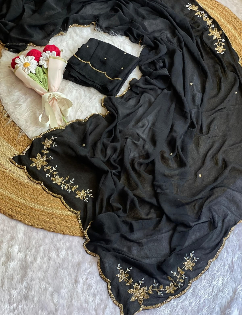 Premium Soft Crush Silk Saree with Handwork Pearls & Concept Border
