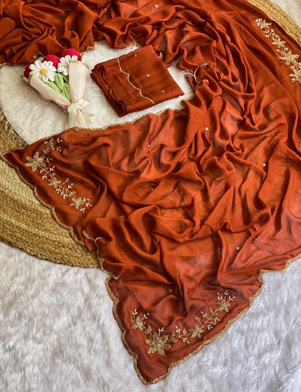 Premium Soft Crush Silk Saree with Handwork Pearls & Concept Border