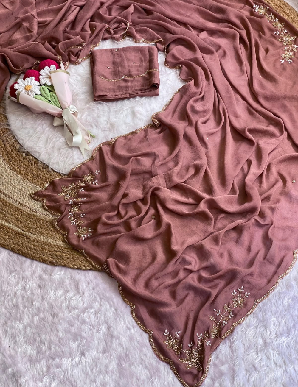 Premium Soft Crush Silk Saree with Handwork Pearls & Concept Border